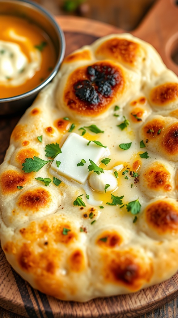A delicious plate of naan bread with various toppings, served with a side of chutney